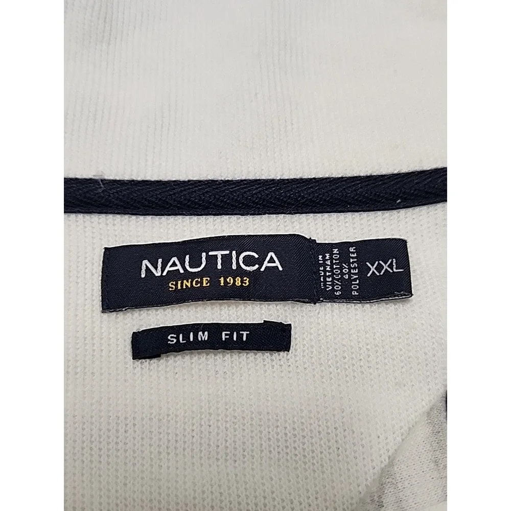 Nautica Sweater Large White Gray Striped Pocket Henley Mock Neck XXL Slim‎ Fit